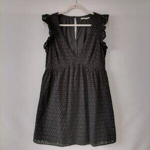 Mi Ami Women's Black V-Neck Ruffle Sleeve Eyelet A-Line Dress